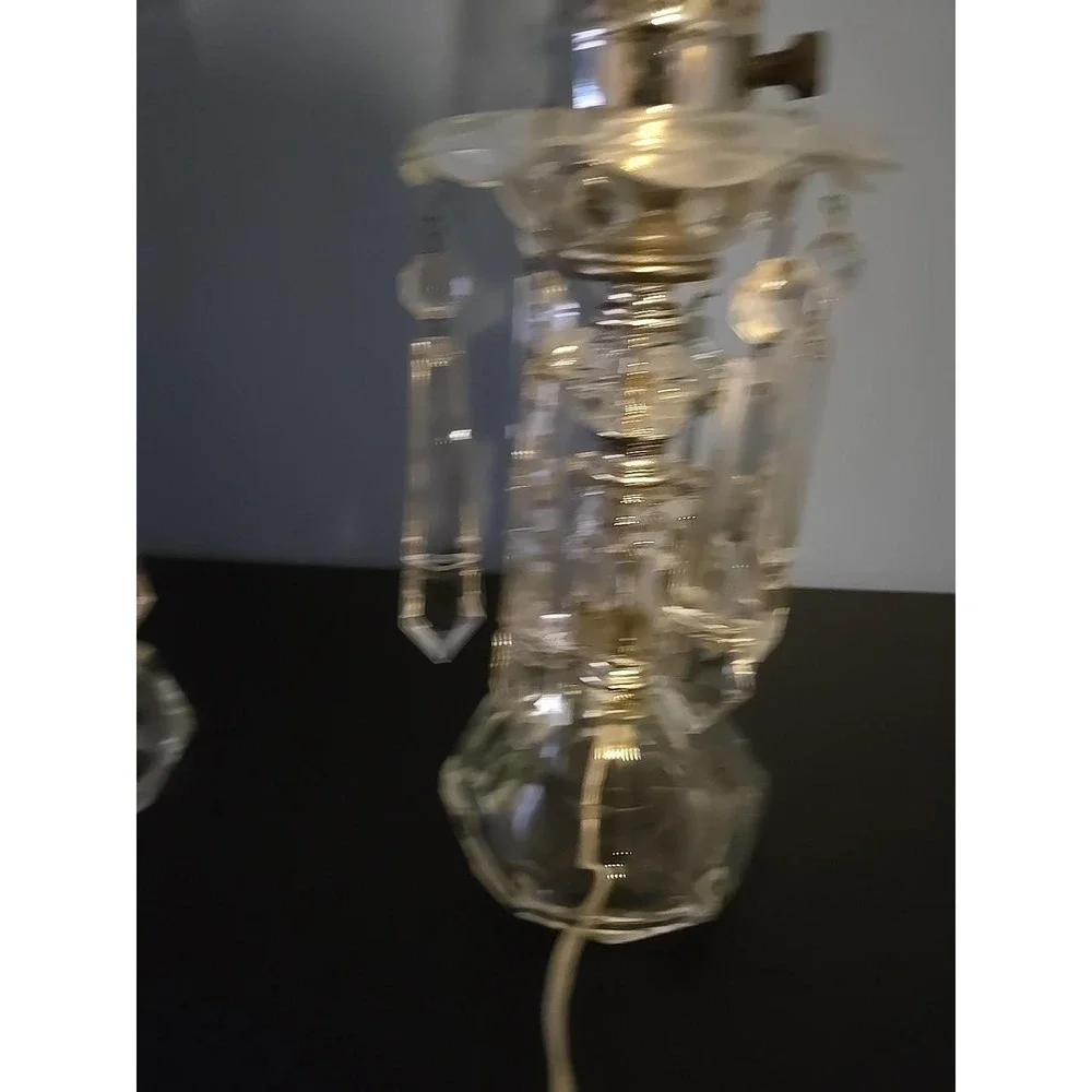 Pair of Etched Glass Boudoir Mantle Crystal Prisms Hurricane Table Lamps
